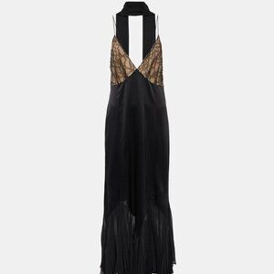 NWT New Khaite Lace Silk Satin Black Candita Pleated Godet Slip Dress Scarf Row